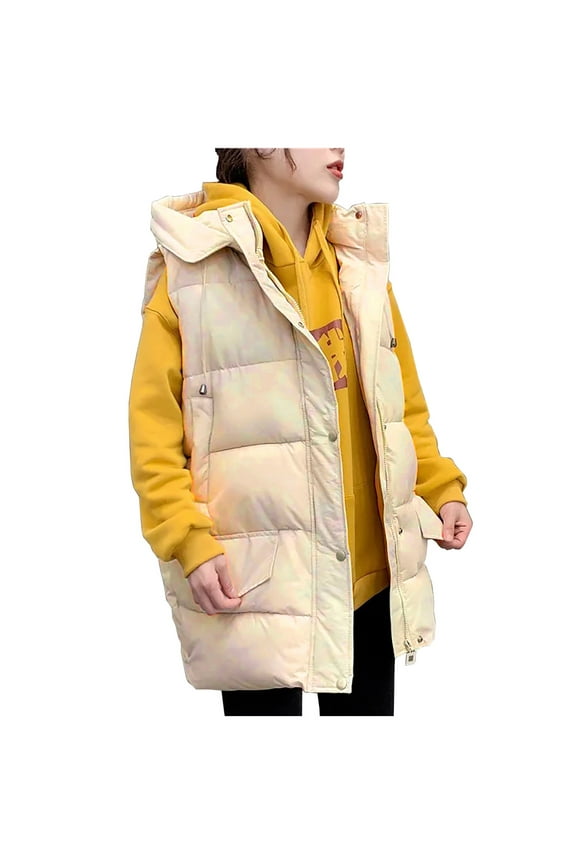 Women's Sleeveless Puffer Coat Stand Collar Full-Length Cover-up Pocket Vest Coat Jacket Winter Hooded Zipper Solid Outerwear, Beige