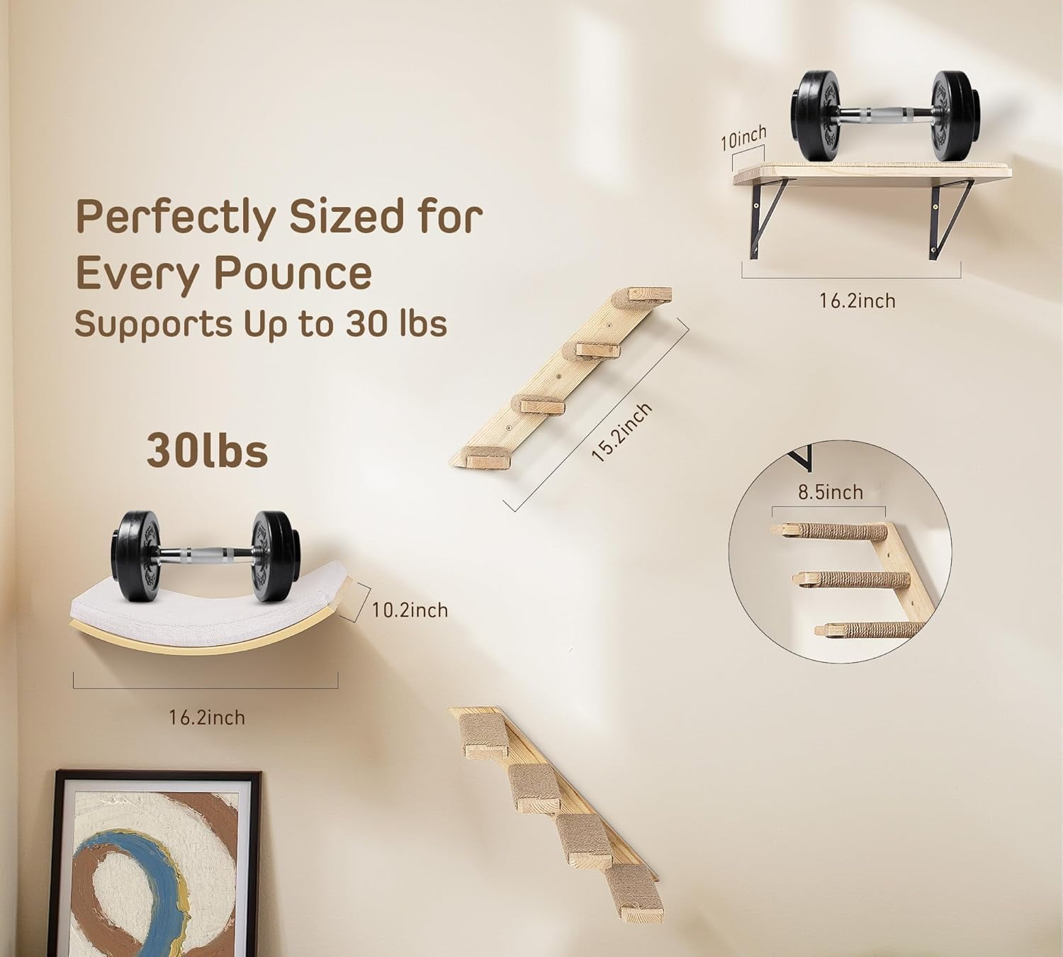4-Piece Cats Wall Furniture with  Window Perch – Wood Wall Mounted  Shelves Set with Foam-Padded Curved Bed, Flat Perch & 4-Step Cats Stairs