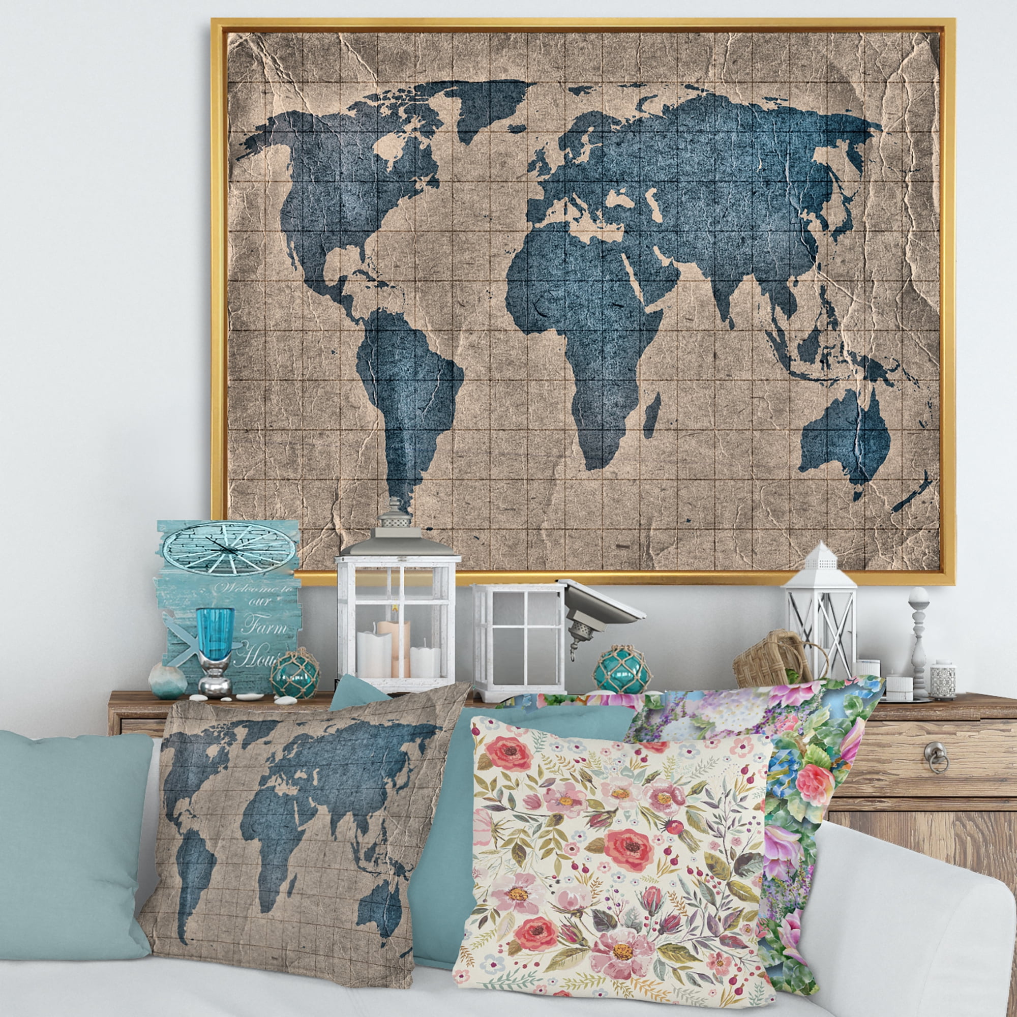 Designart 'Ancient World Map I' Rustic Framed Canvas Wall Art Print