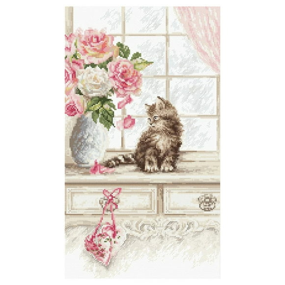 Peggybuy Print 11CT DIY Cross Stitch Stamped Canvas Needlework Kit Cat Pink Flower