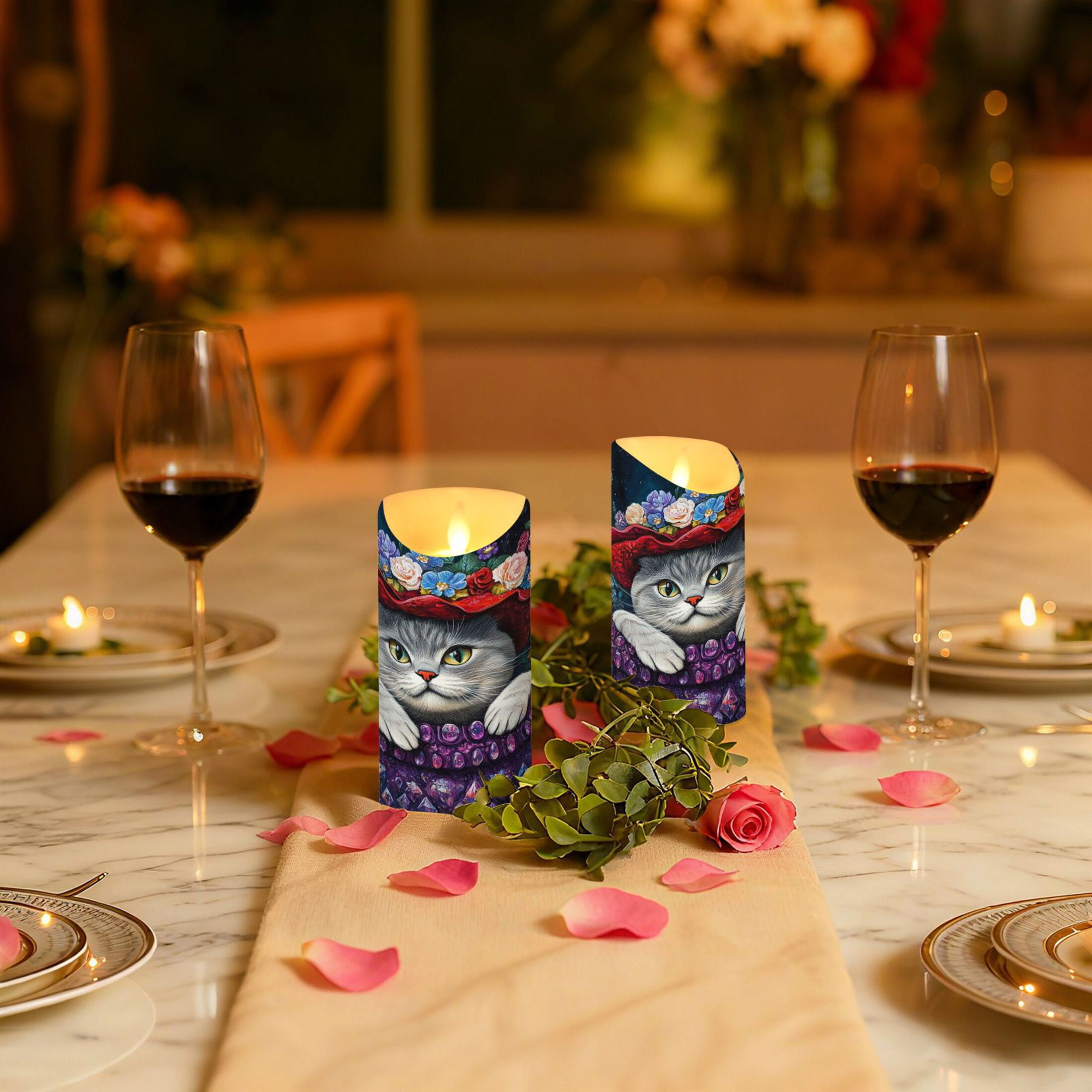 Wobogo Cute Cat Wearing Wreath Flameless Candles with Remote Battery Operated Flickering LED Candles with Timer 2/4/6/8H Medium Size