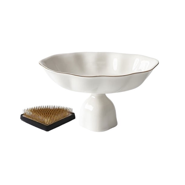 Plato alto for arreglos florales con borde dorado y soporte for sector Kenzan, ideal for escritorio u oficina en casa.