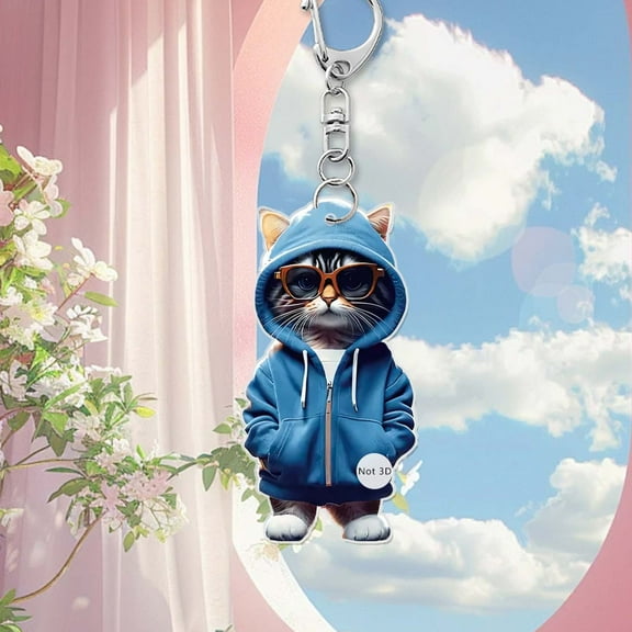 Opehuo Acrylic Cat in Sweatshirt Keychains Yorkie Accessories for Women Girls Handbag Charms Jewelry Gifts,Animals 2D Flat Acrylic Pendant Keychain Car Rearview Mirror Pendant
