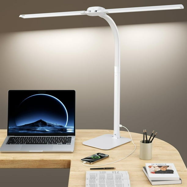 Lámpara de escritorio Kary de 24 W con doble cabezal, carga USB ajustable