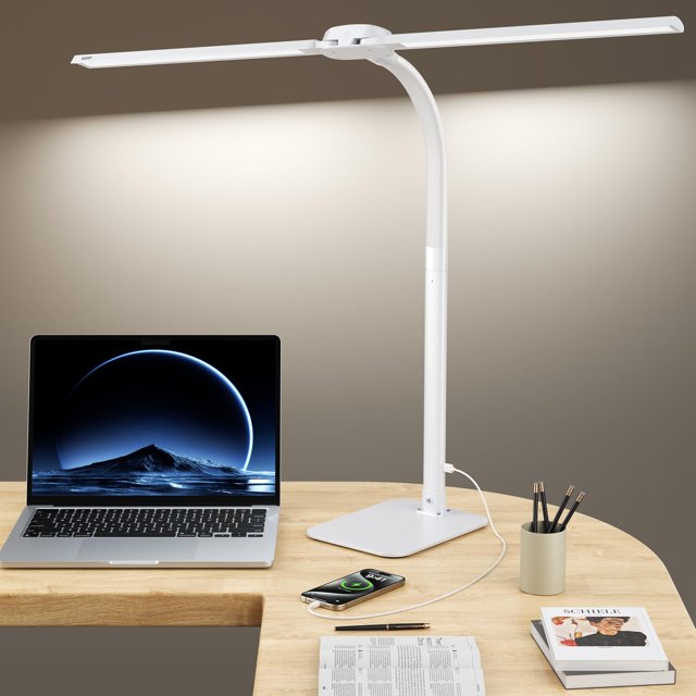 Lámpara de escritorio Kary de 24 W con doble cabezal, carga USB ajustable
