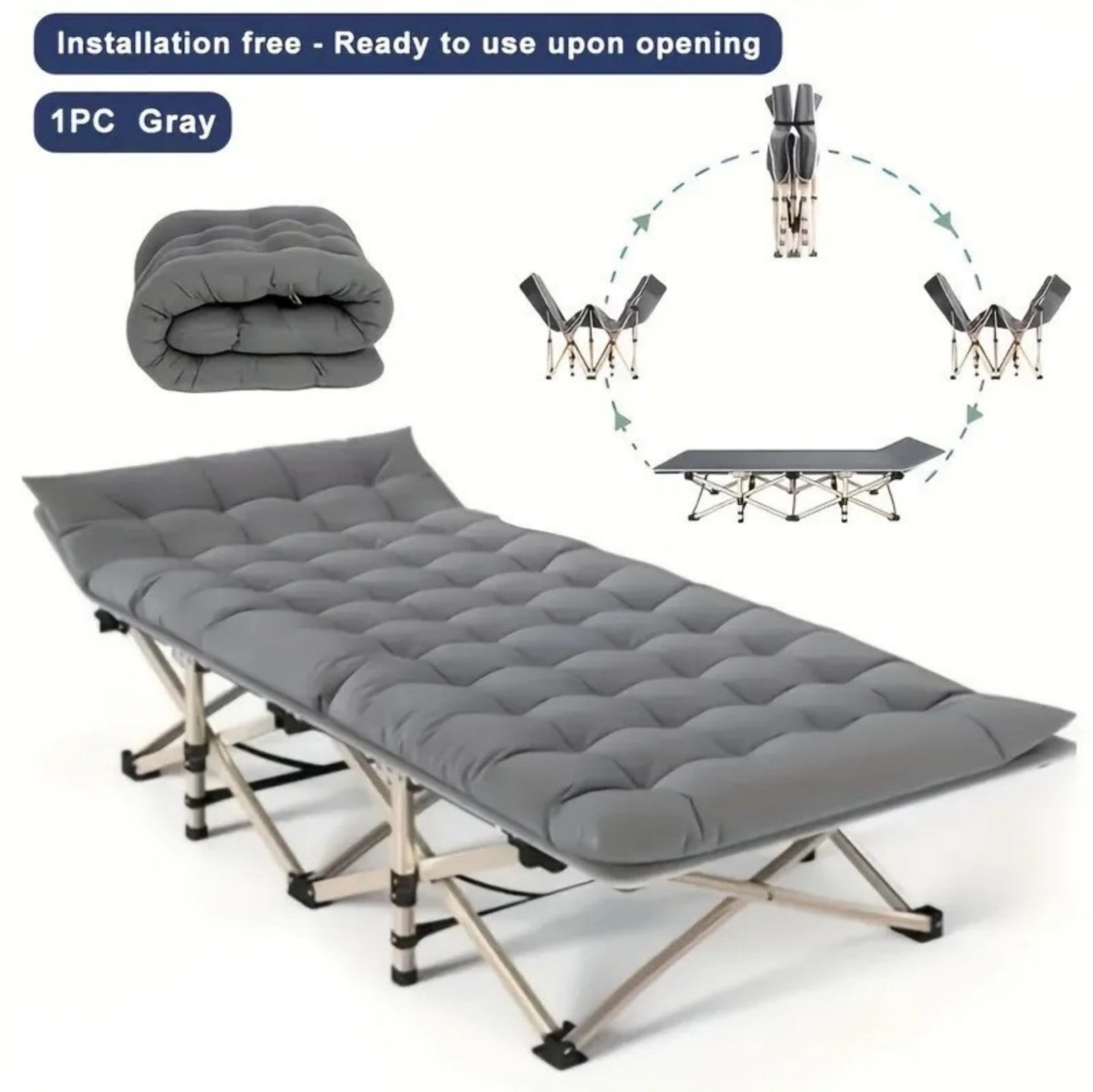 75" Folding Camping Cot with Mattress, Heavy Duty Portable Sleeping Cot Bed, 600LBS Capacity Foldable Cot with Carry Bag, Gray