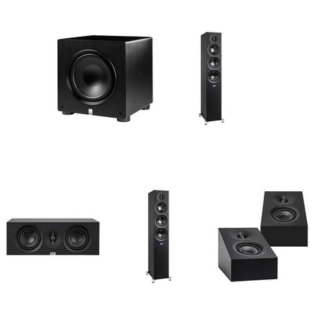 Elac DF53-BK - Debut 3.0 5.25" Floor Speaker - Black (Pair), ELAC DA43-BK Debut 3.0 - DA43-BK Atmos / On Wall speaker, Elac PS350 Subwoofer and Elac DC53 Center Channel
