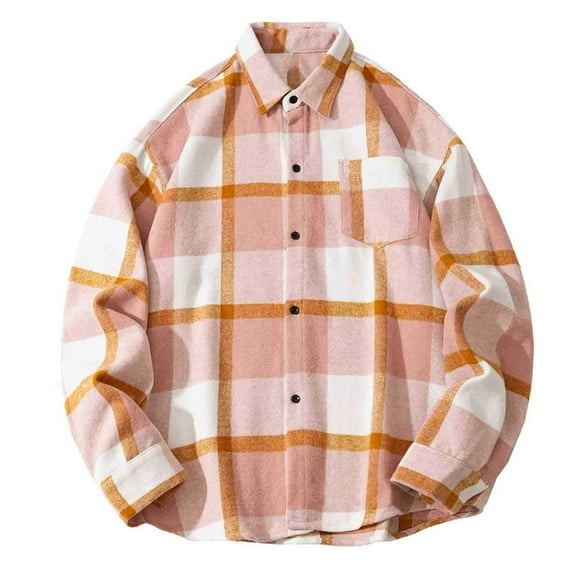 ZCFZJW Flannel Plaid Button Down Shirts for Men Lightweight Casual Fall Winter Long Sleeve Button Down Fleece Soft Cotton Jackets with Pockets Pink XXXL