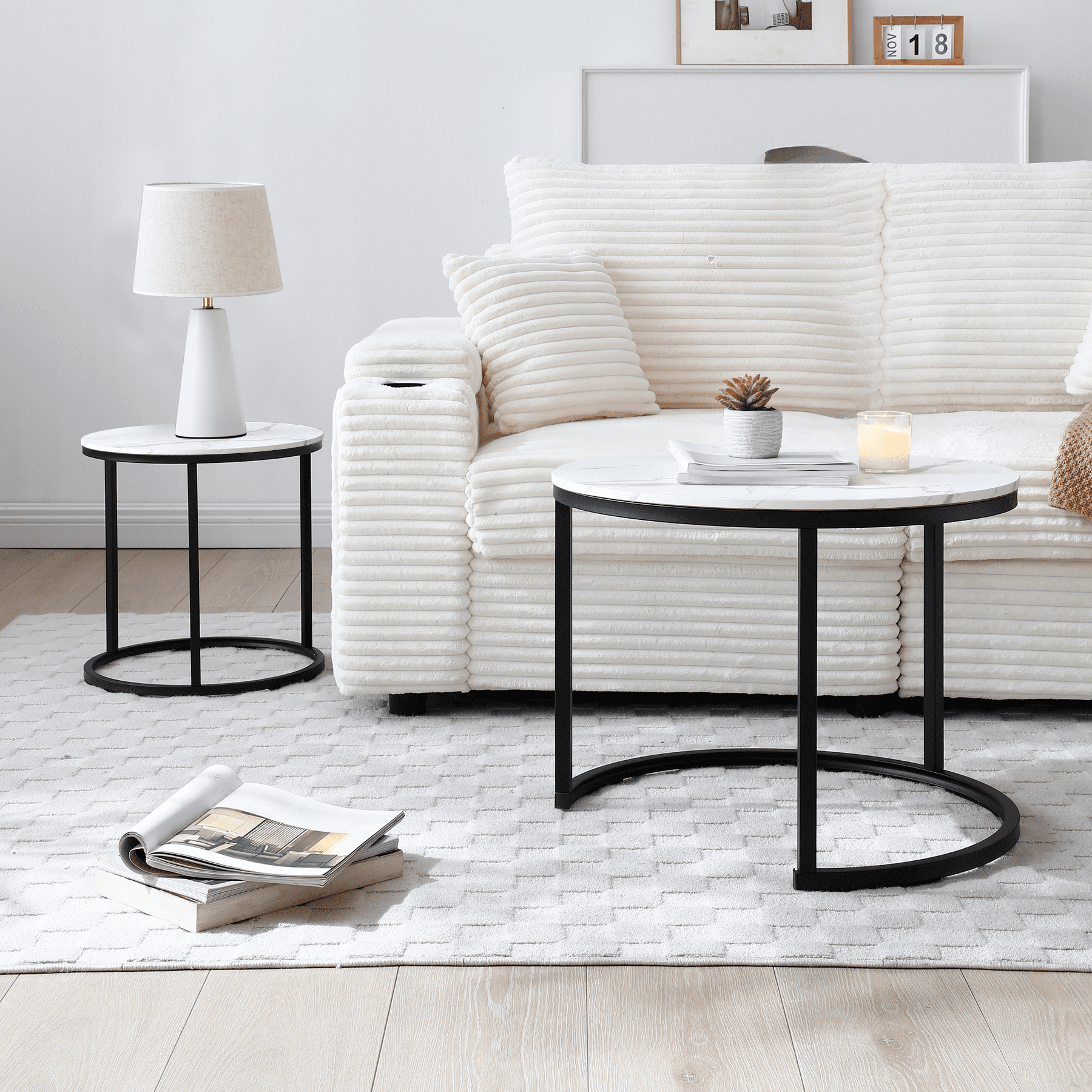 Set of 2 Nesting Round Coffee Tables, White & Marble Pattern Tabletop with Black Metal Frame, Modern Industrial Wooden Side Table, Accent Nightstand for Living Room Bedroom Apartment