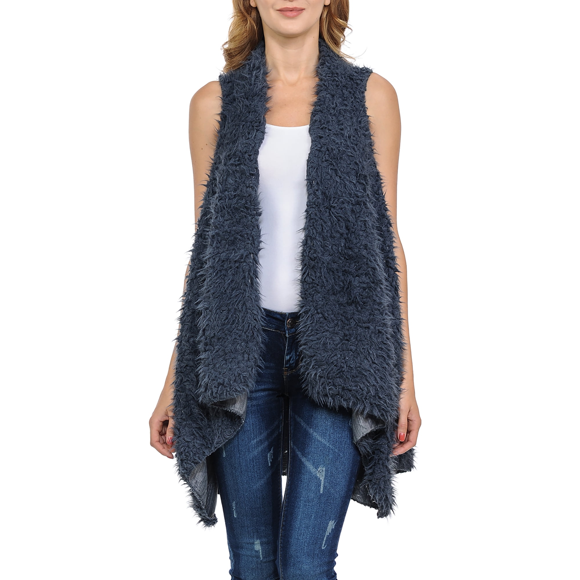 Basico Women's 100% Warm Faux Fur Long Vest Gilet Fluffy Cardigan, Gray