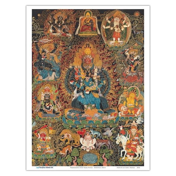 Vajrabhairava with Vajra Vetali - Buddhist Deity - Vintage Tibetan Thangka Buddhist Painting c.1800s - Master Art Print (Unframed) 9in x 12in