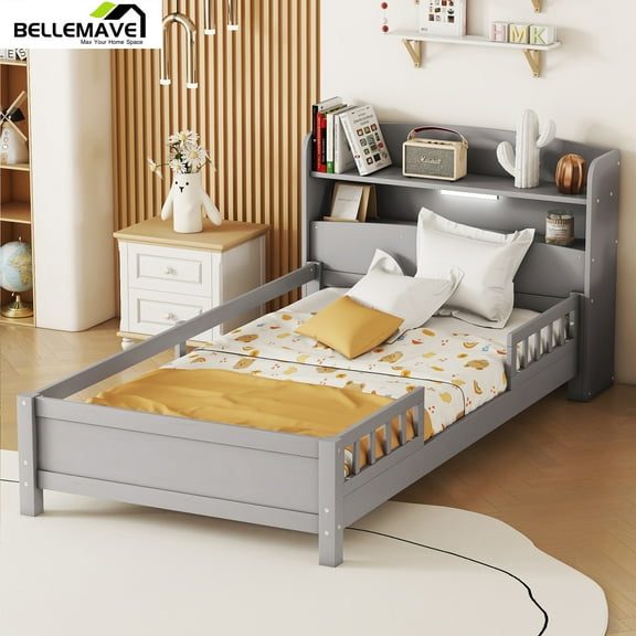 Bellemave Wood Twin Size Platform Bed with Storage Headboard and LED Light Twin Storage Bed Low Wooden Bed Frame with Full-length Guardrail and Wooden Slats for Teens, Antique Gray