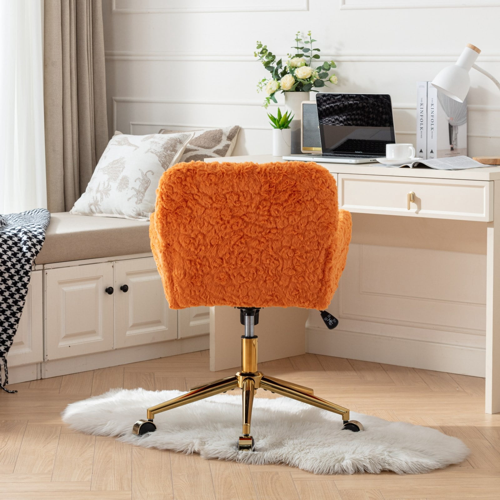 PAPROOS Office Chair, Velvet Upholstered Tufted Button Home Office Chair with Golden Metal Base, Adjustable Height, Swivel Ergonomic Task Chair, Luxury Desk Chair Computer Chair, Orange