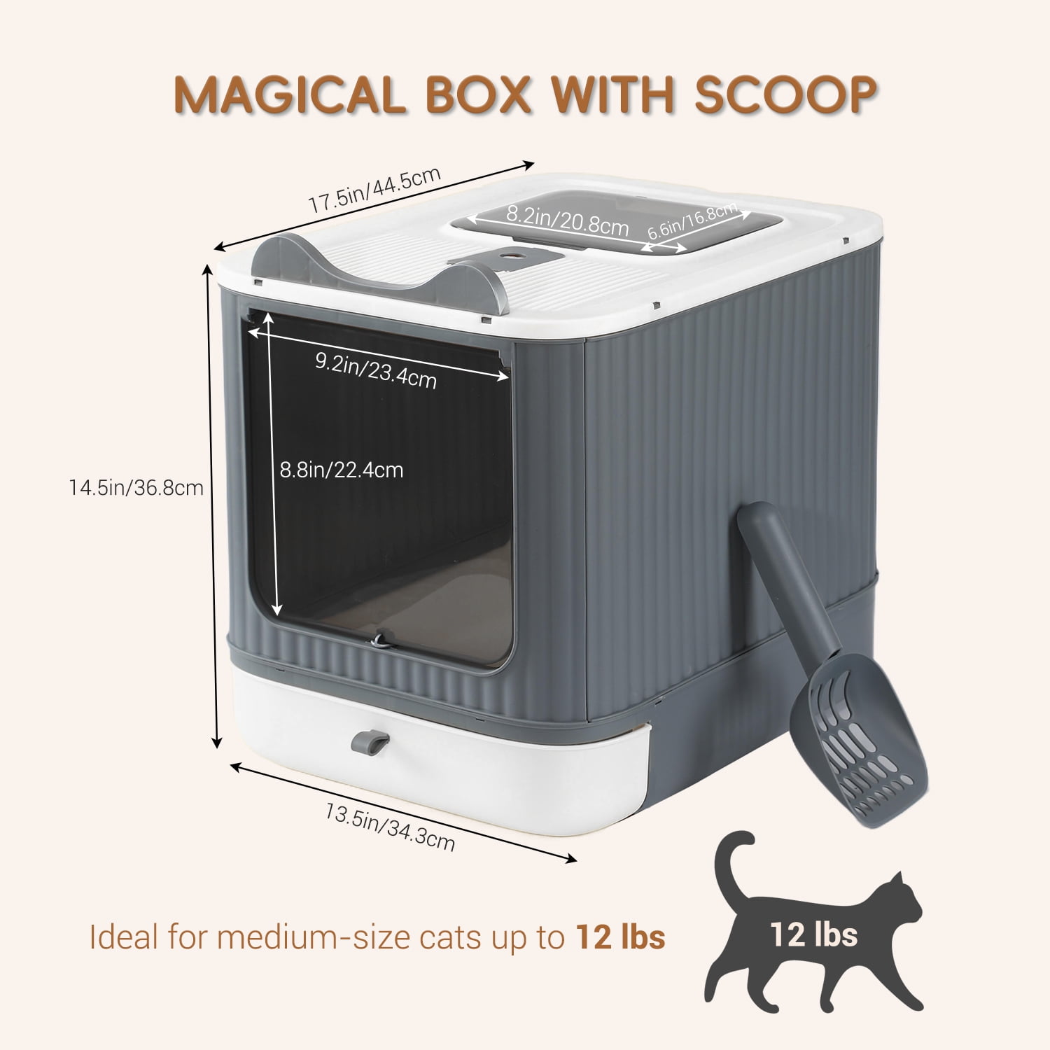 LCZLBRRD Foldable Cat Litter Box for Kitten to Adult Cat, Fully Enclosed with Scoop, Odor Control, White & Grey