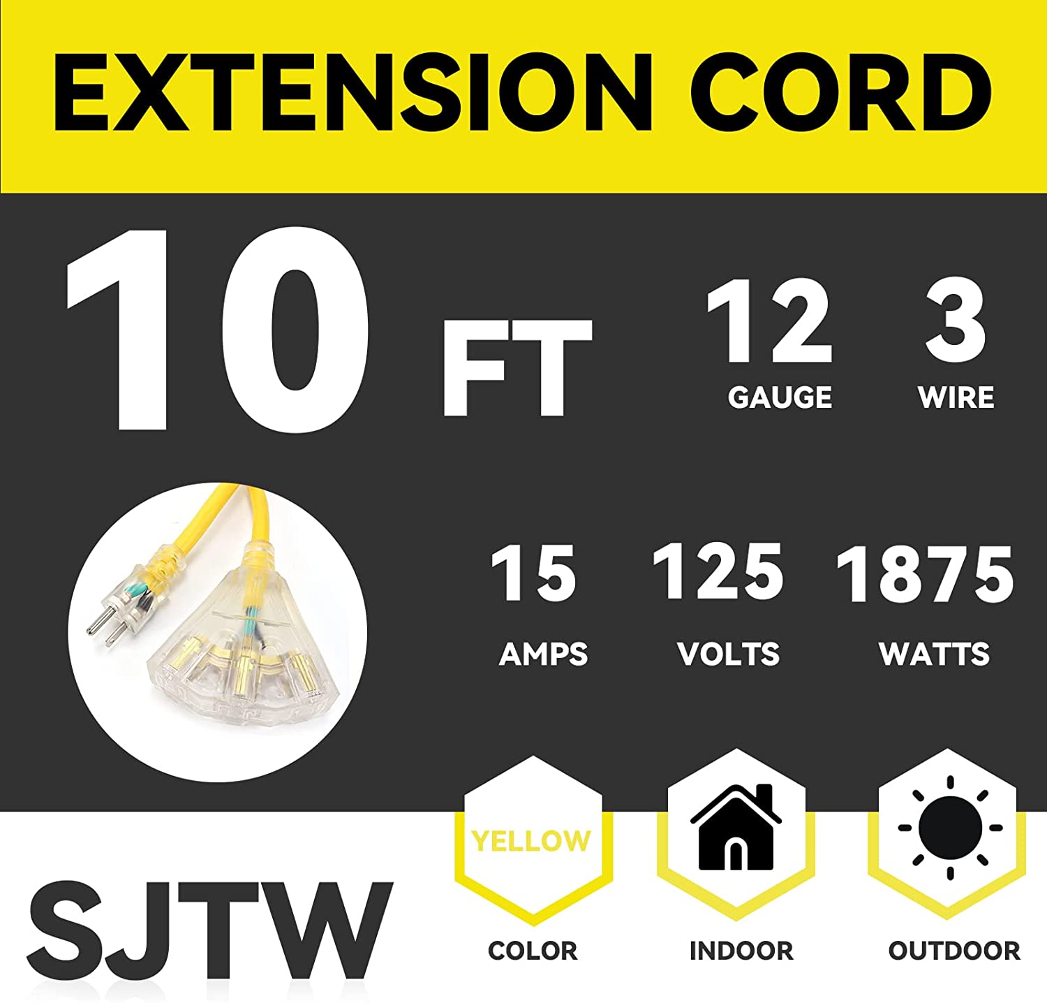 EP 10 ft. Heavy-Duty Extension Cord, Yellow, 12/3 SJTW photo 5