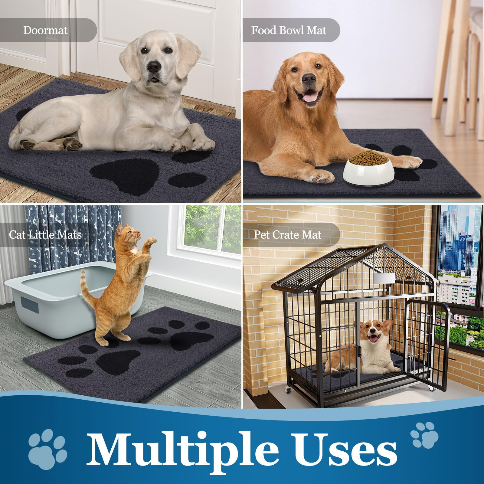 Smiry Dog Door Mats for Muddy Shoes and Paws, Non Slip Low-Profile Washable Indoor Doormats, Absorbent Dirt Trapper Entryway Rugs, 36"x24", Black