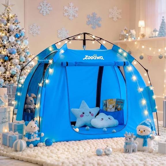 Zooawa Large Kids Play Tent with LED Strip Lights Pop Up Playpen Indoor, Blue
