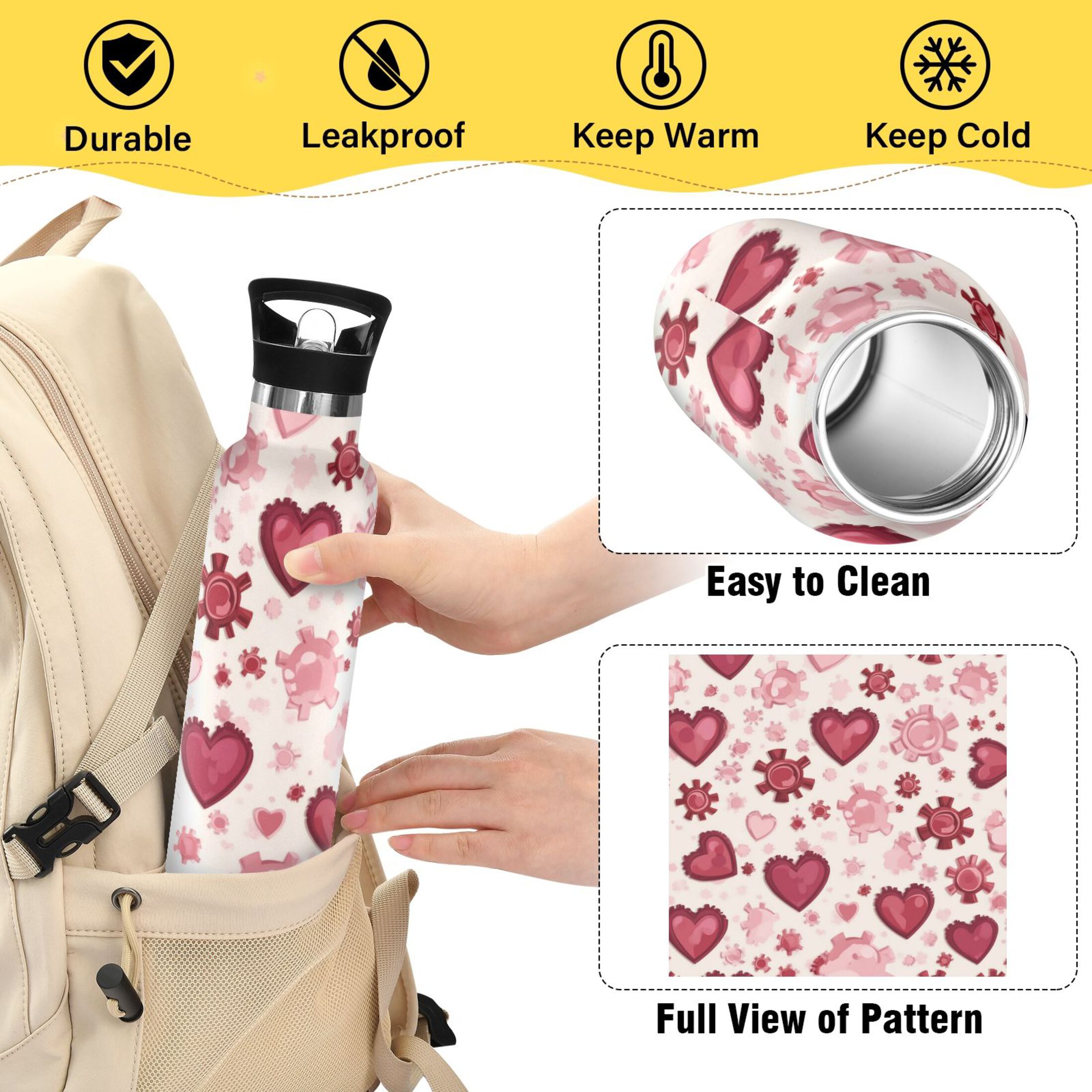 Kids Insulated Stainless Steel Sports Water Bottle 600ml (20oz) Gear-shaped Hearts Pattern