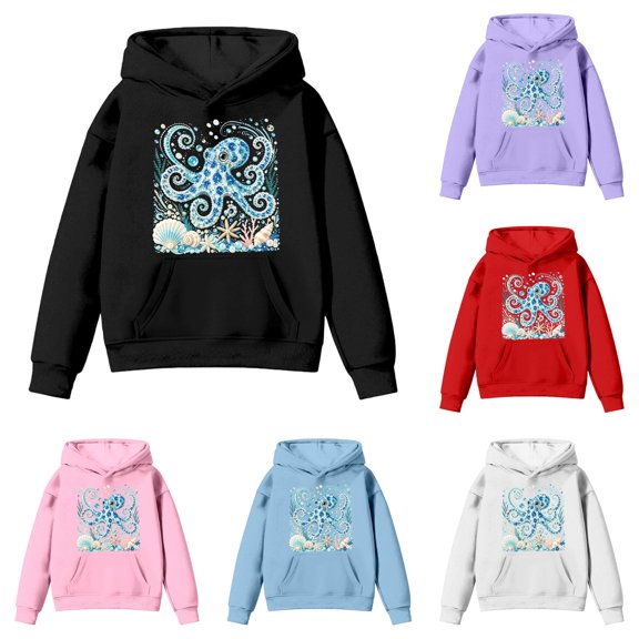 XAOFW Girls Hoodies Long Sleeved Marine Animal Print Hooded Sweatshirt Kids Soft Cozy Casual Winter Wear Pullover Comfortable Tops 2-3 Years