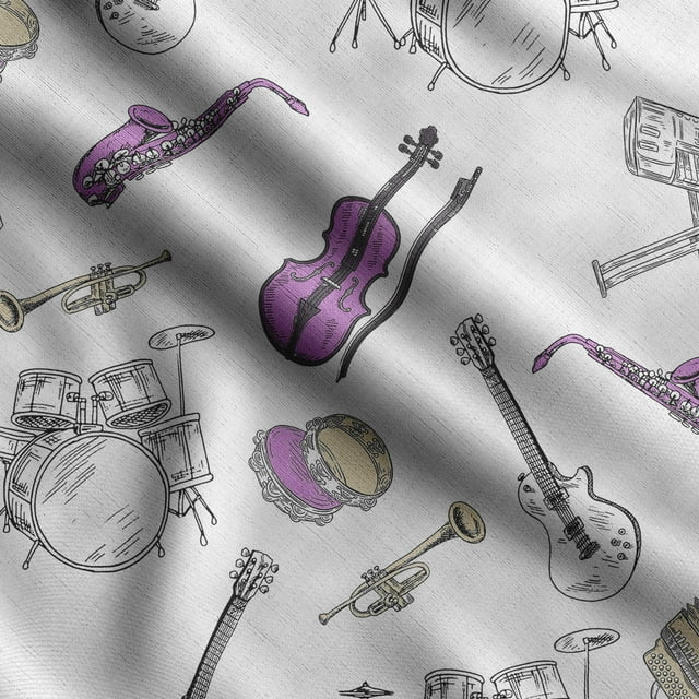 Soimoi Musical Instruments Printed, Poly Canvas Fabric, Decor Sewing Fabric by The Yard 56 Inch Wide,Decorative Fabric for Curtains Tote Bags, White