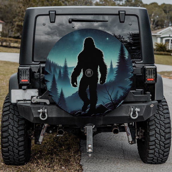 Lotusprinthandmade Bigfoot Lovers Forest Themed Spare Tire Cover With Backup Camera Hole 6 Sizes (27 in.), bigfoot in forest spare tire cover