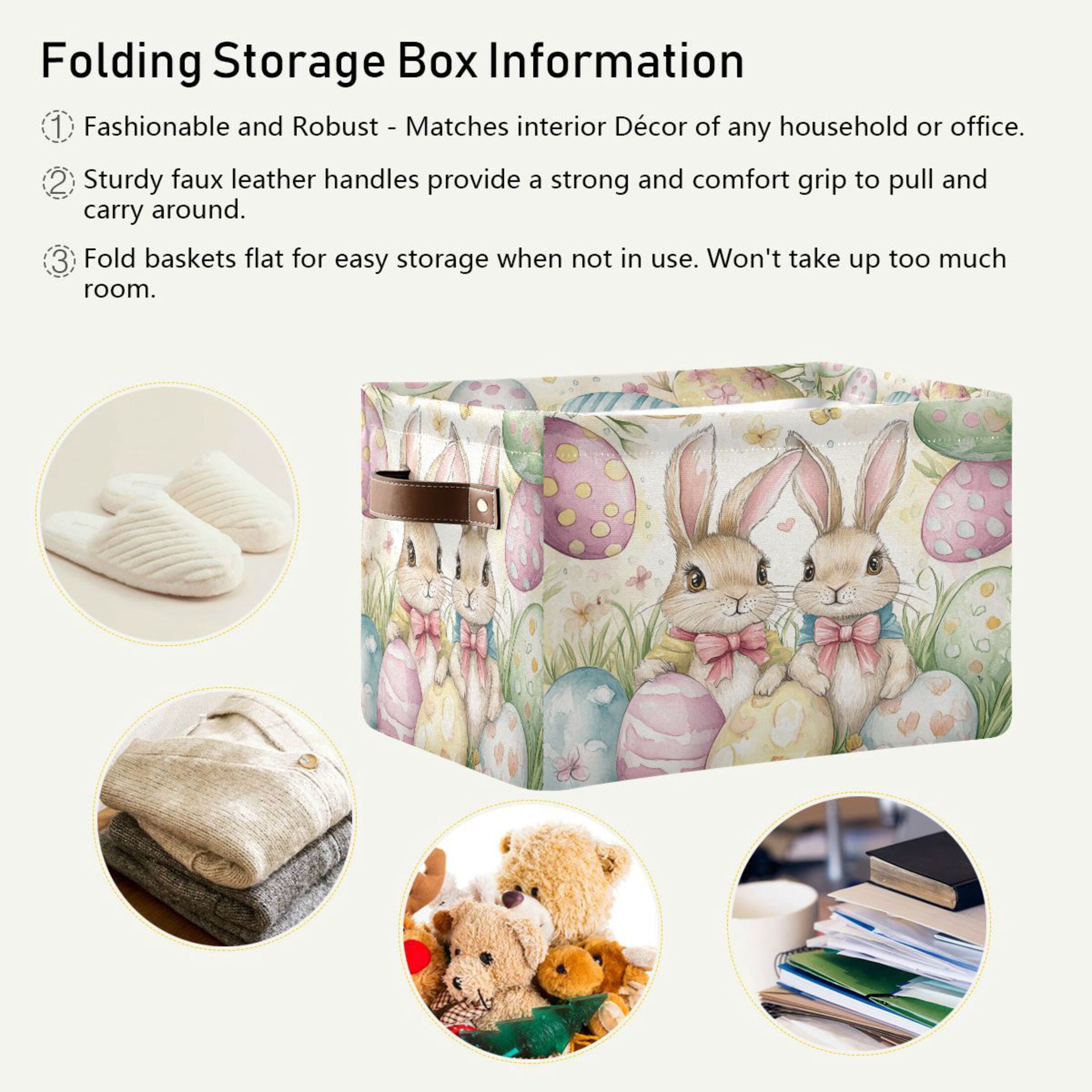 Storage Bins with Handle Fabric Organizer Basket Foldable Box 1 Pack Cute Bunnies and Easter Eggs 14.2x10.2x8.3