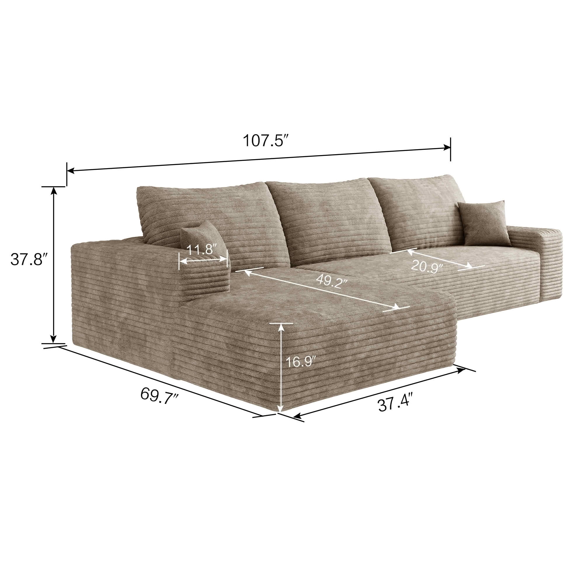 MAYEERTY 107" Cloud Sectional Couch, L-Shape Chaise Modular Sofa, Deep Seat Plush Corduroy, No Assembly, Camel