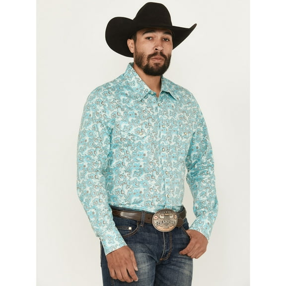 Rock & Roll Denim Men's And Paisley Print Long Sleeve Snap Stretch Western Shirt Turquoise XX-