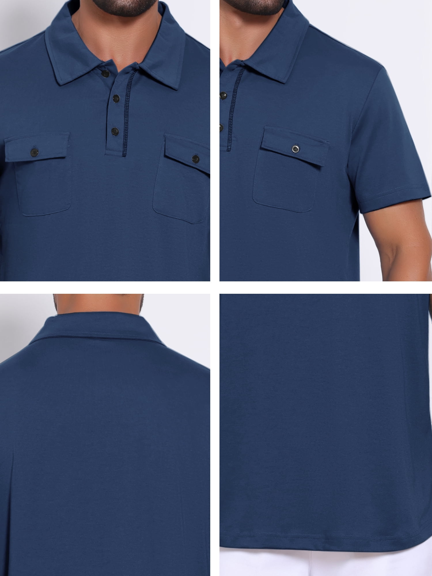 DARING DIVA Men's Collared Short Sleeve Double Chest Pockets Polo Shirt L Dark Blue