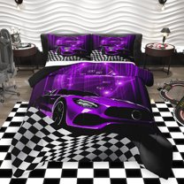 Homewish Purple Chic Automobile Full Size Comforter Sets, Modern Checkered Flag Bedding Comforter Set, Extreme Sports Lover Reversible Bedding Sets, Breathable Home Decor, 3pcs