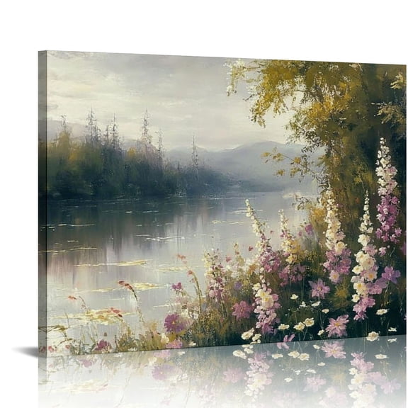 BCIIG Vintage Landscape Canvas Wall Art Countryside Wildflower Painting Artwork French Floral Print Decor for Modern Home Bedroom Bathroom Office Wall Decoration Ready to Hang 20x16in