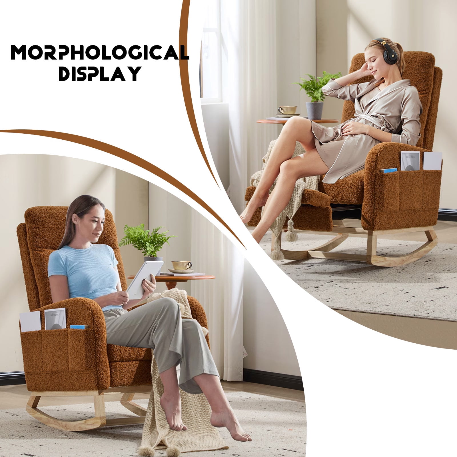 Brookwell Cozy Reclining Rocking Chair – Ergonomic Upholstered Glider with Pocket Storage, Adjustable Backrest, and Wooden Base for Living Room, Bedroom, Nursery