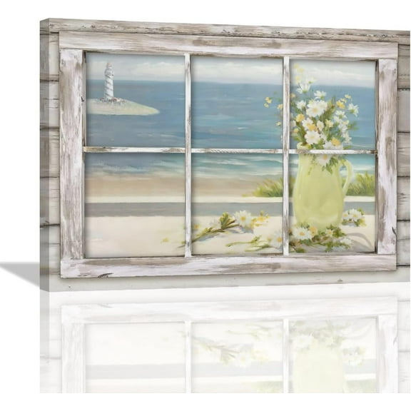 Coastal Flower Bathroom Wall Decor Beach Ocean Daisy Floral Wall Art Rustic Pictures Nautical Lighthouse Painting Print Modern Artwork Framed for Bathroom Living Room Bedroom 12"x16"