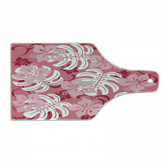 Luau Cutting Board, Hibiscus Flower Monstera Leaves Rainforest Plants Fresh Nature Motif, Decorative Tempered Glass Cutting and Serving Board, Wine Bottle Shape, Pink White and Ruby, by Ambesonne