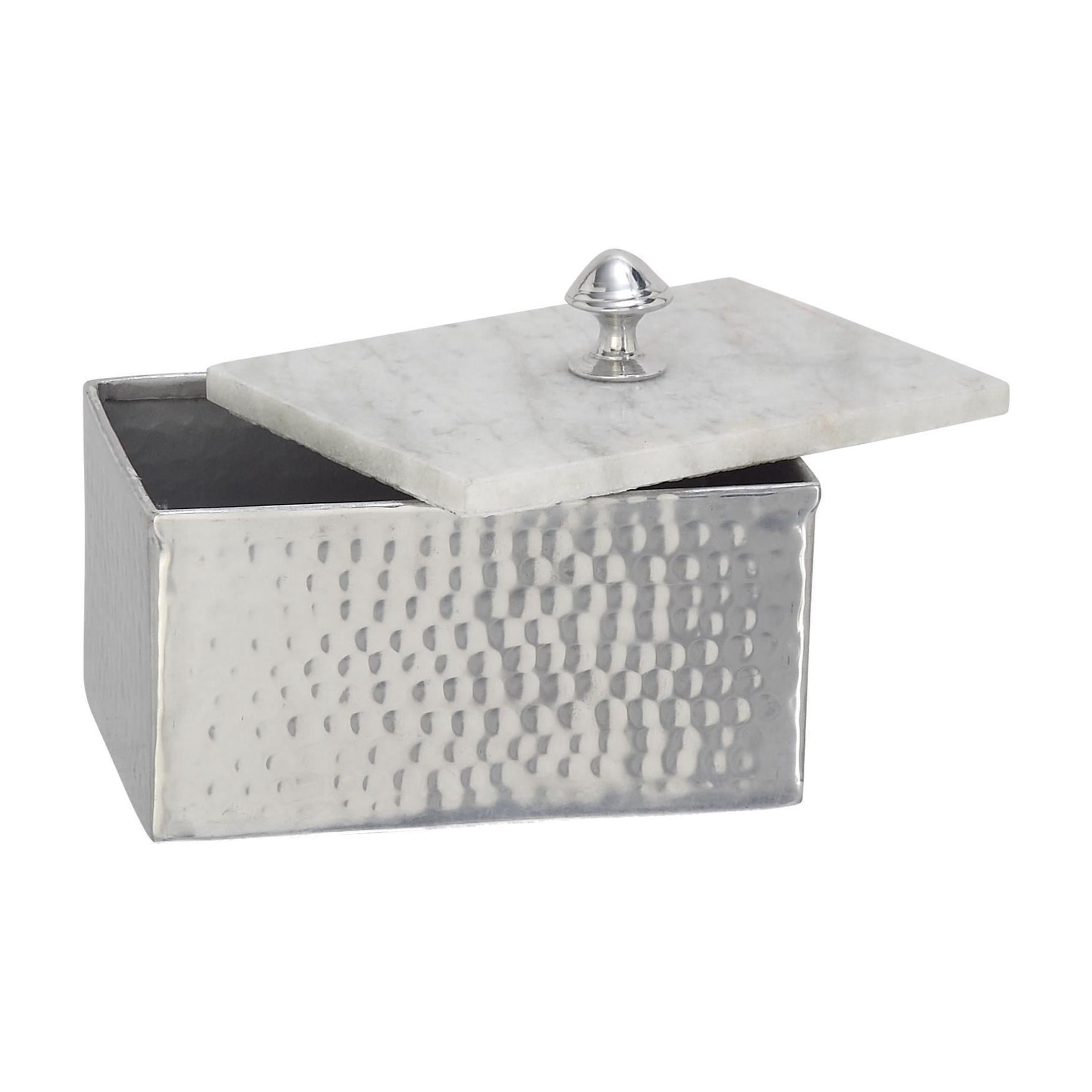 DecMode Hammered Silver Aluminum Metal Decorative Jewelry Box with White Marble Lid