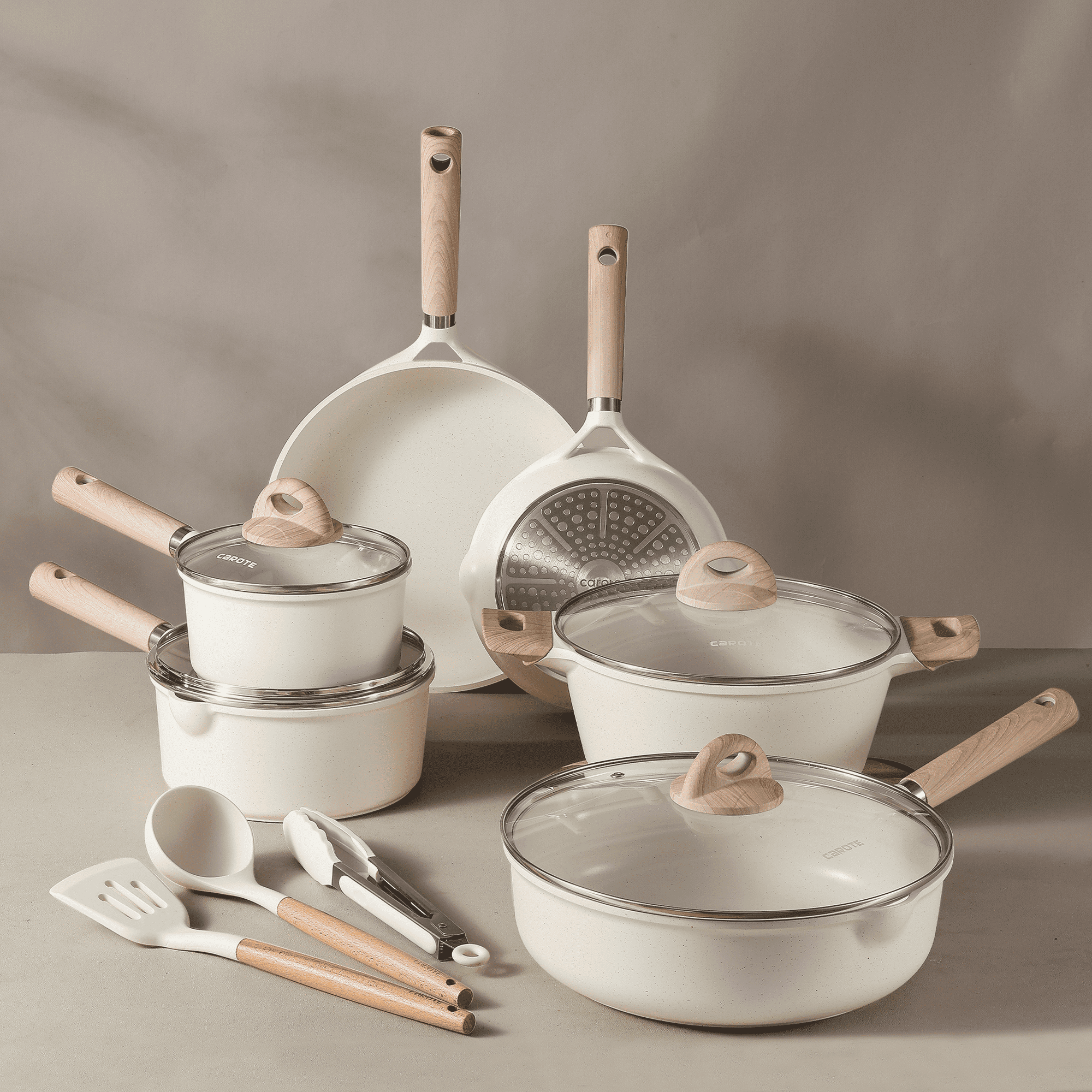 Carote Nonstick Pots and Pans Set, 13 Pieces Kitchen Cookware Sets Compatible for All Stoves, White Granite