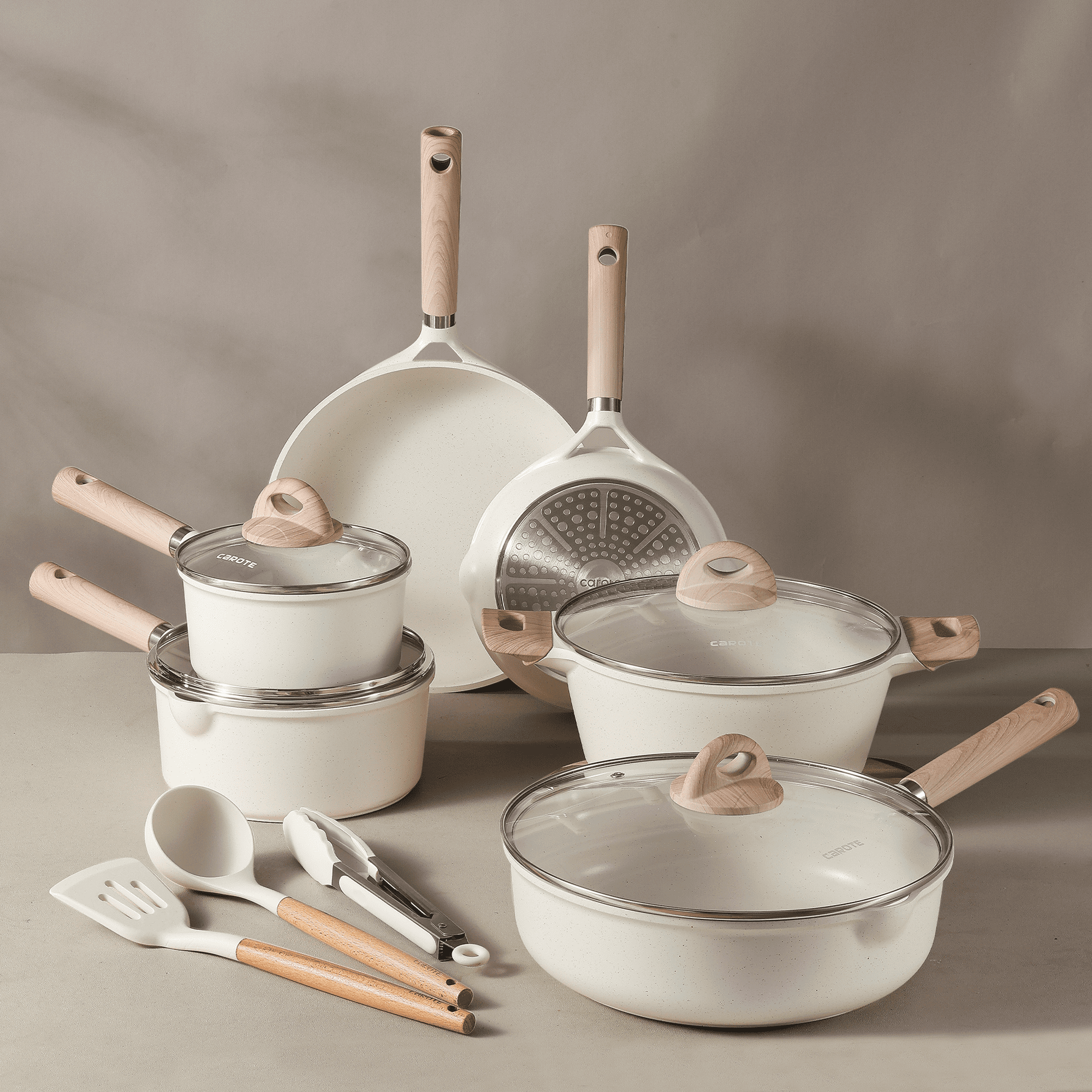 Carote 13-Piece Nonstick Cookware Set, White Granite photo 5