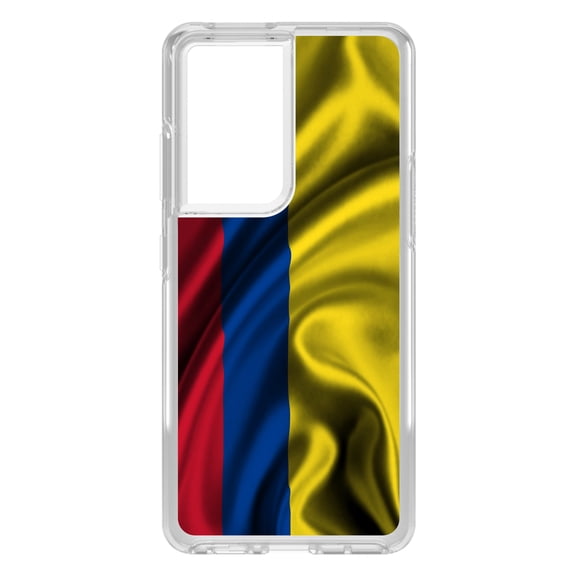 DistinctInk Clear Shockproof Hybrid Case for Galaxy S21 ULTRA 5G (6.8" Screen) - TPU Bumper, Acrylic Back, Tempered Glass Screen Protector - Colombia Waving Flag - Show Your Love of Colombia