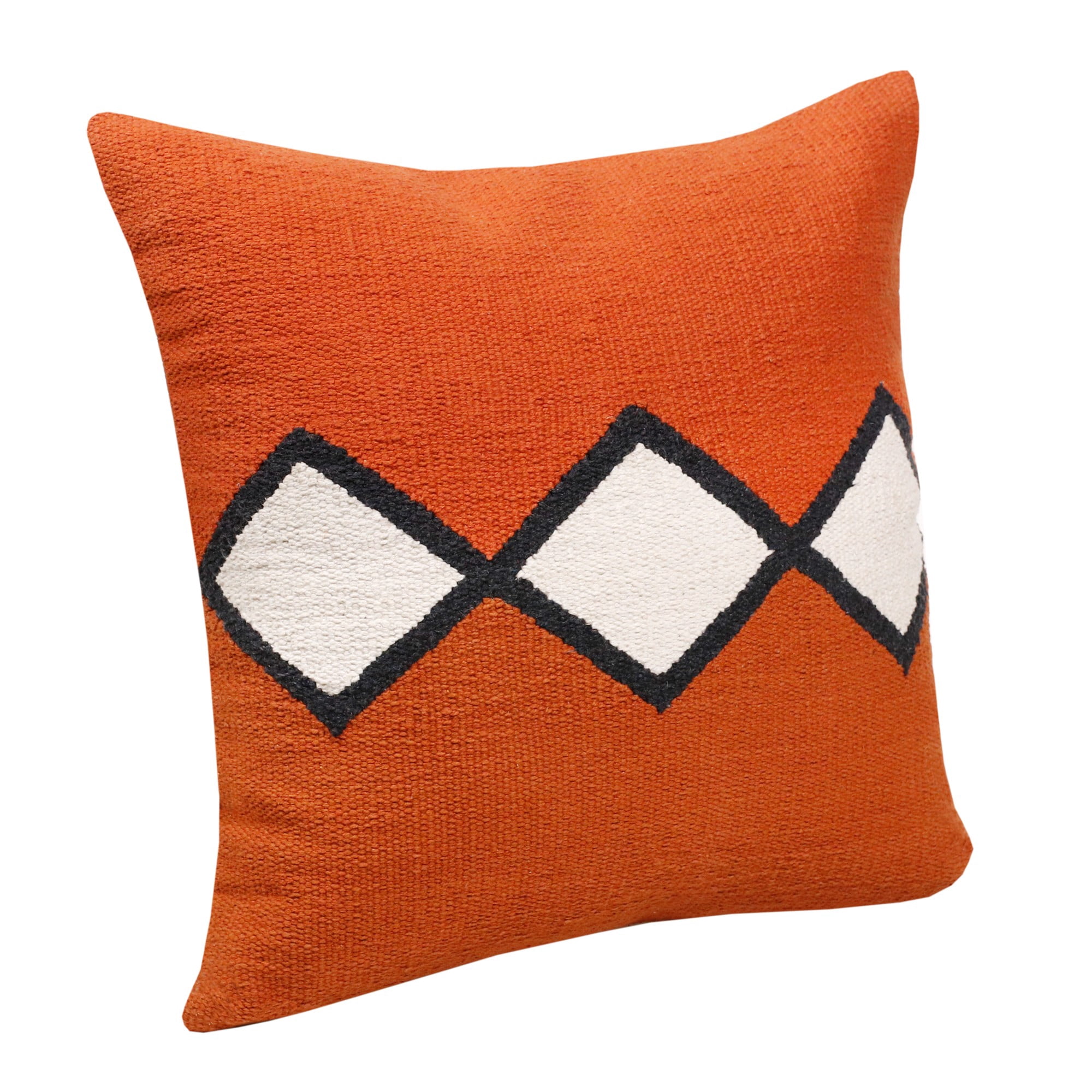 Laddha Home Designs Handwoven Embroidered Diamond Cotton Throw Pillow Cover - 20" - Orange and White