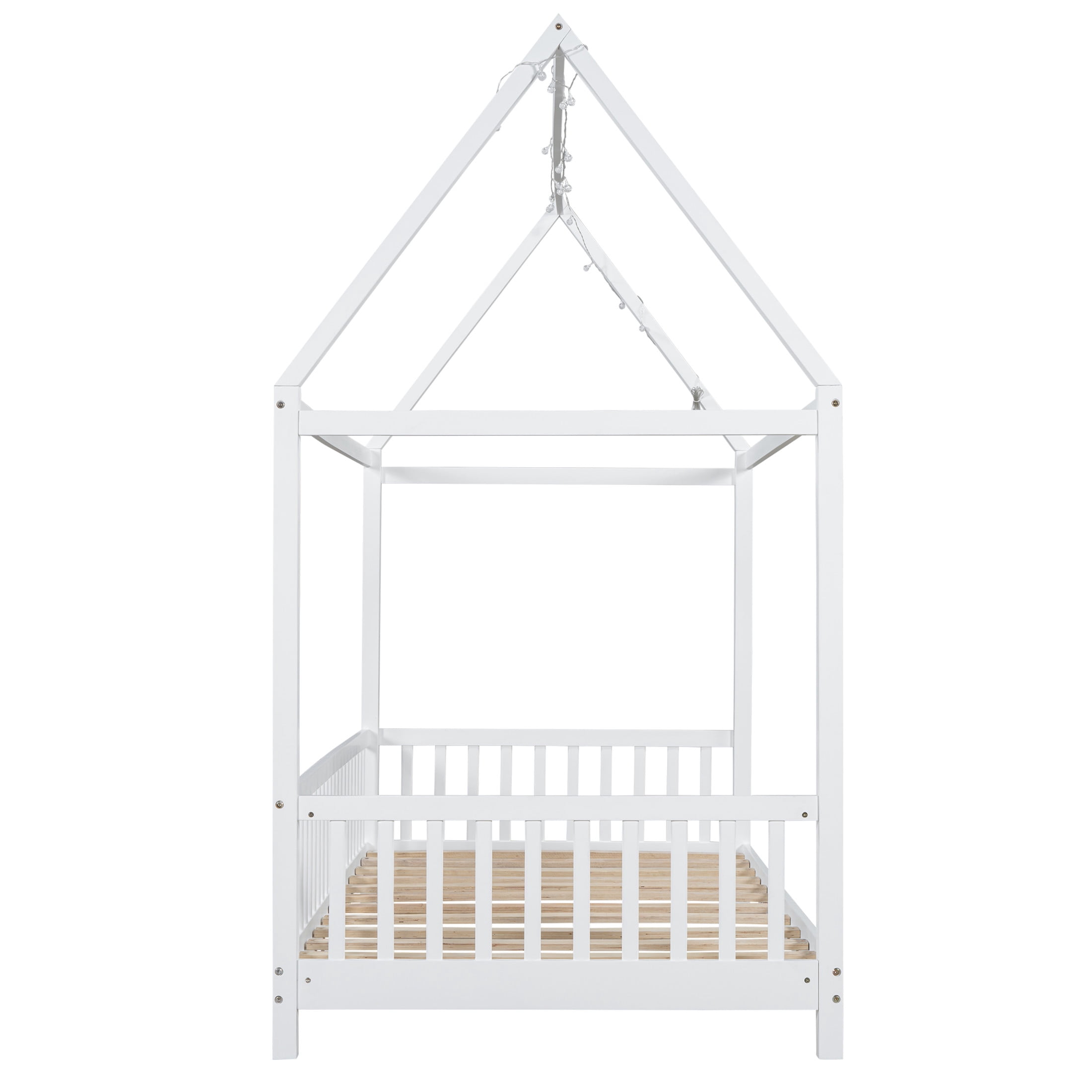 Noble House Auburn Twin Size Wood House Bed with Integrated Guardrail and LED Lights, Sturdy 4-Poster Play Bed, White