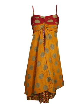 Mogul Women Orange Red Recycled Sari Printed Sundress Layered Vintage Spaghetti Strap Beach Summer Dresses S/M