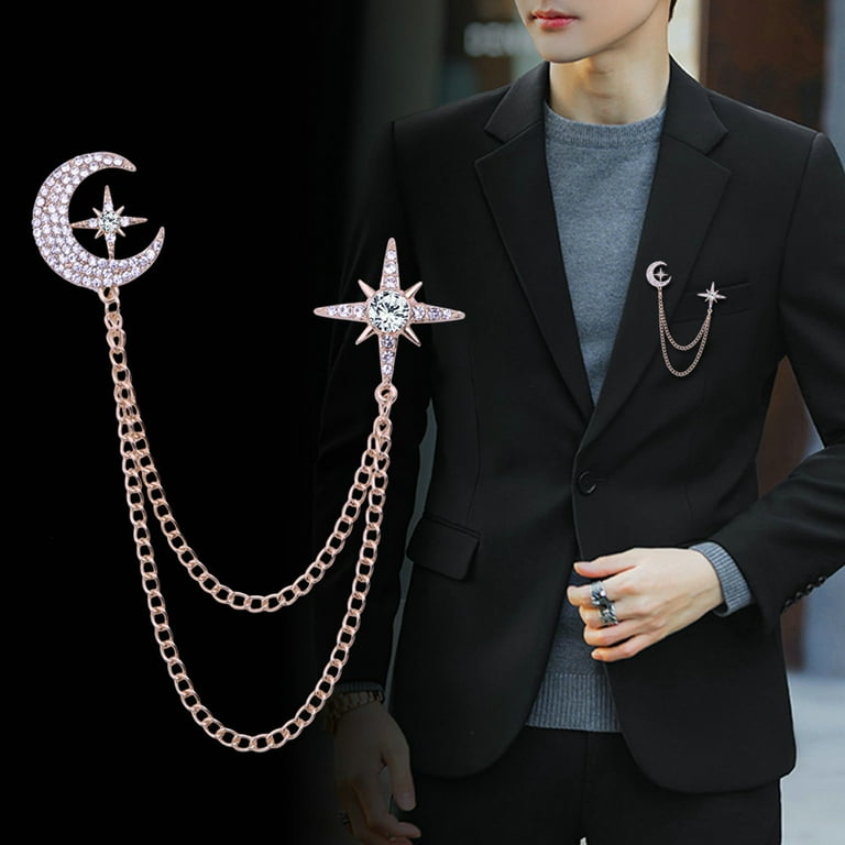 Rose Gold Plated Rhinestone Safety Pin Brooch For Mens Suit, Pink