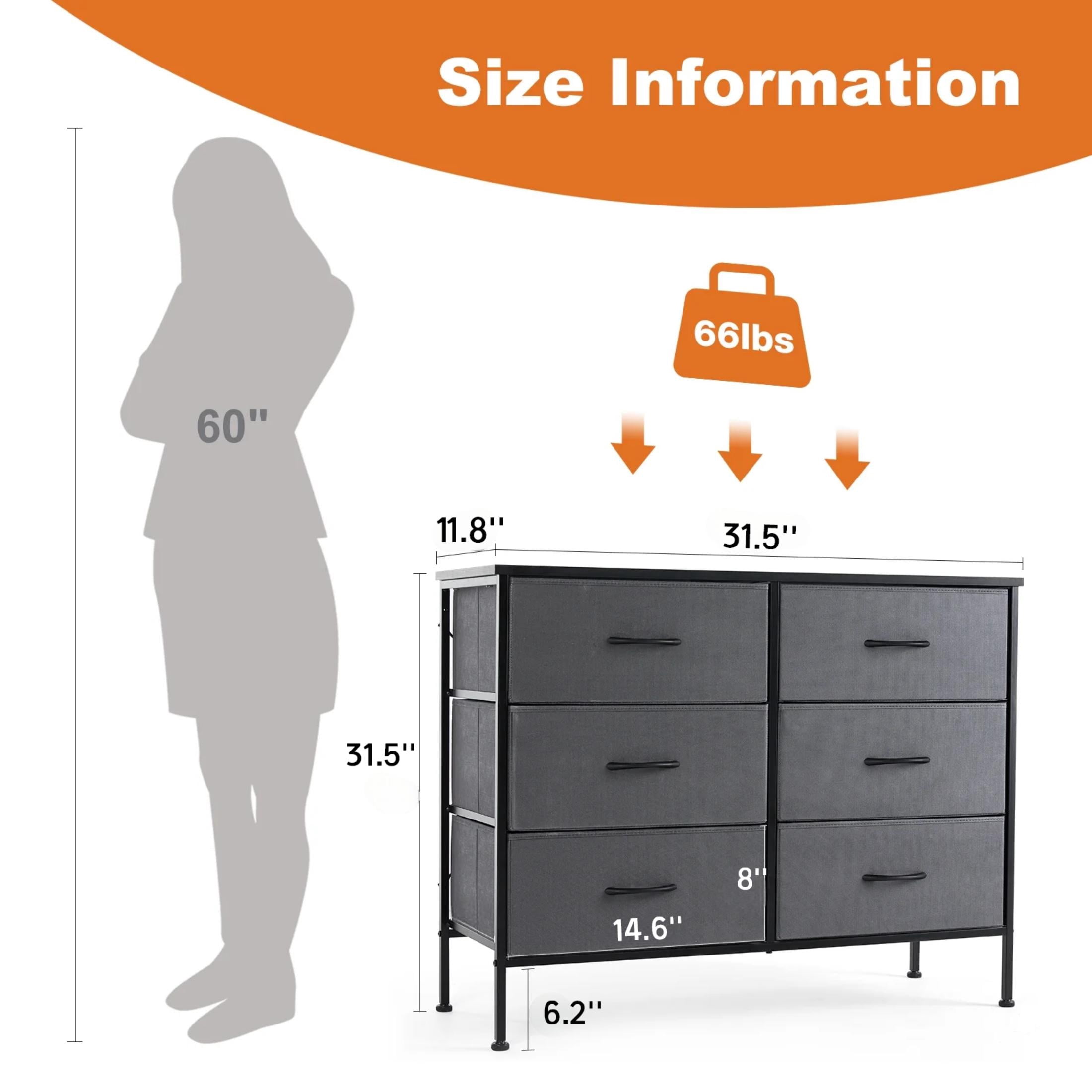 CONCETTA 6-Drawer Fabric Dresser Storage Chest for Bedroom, Closet, Storage Furniture for Adults, Gray