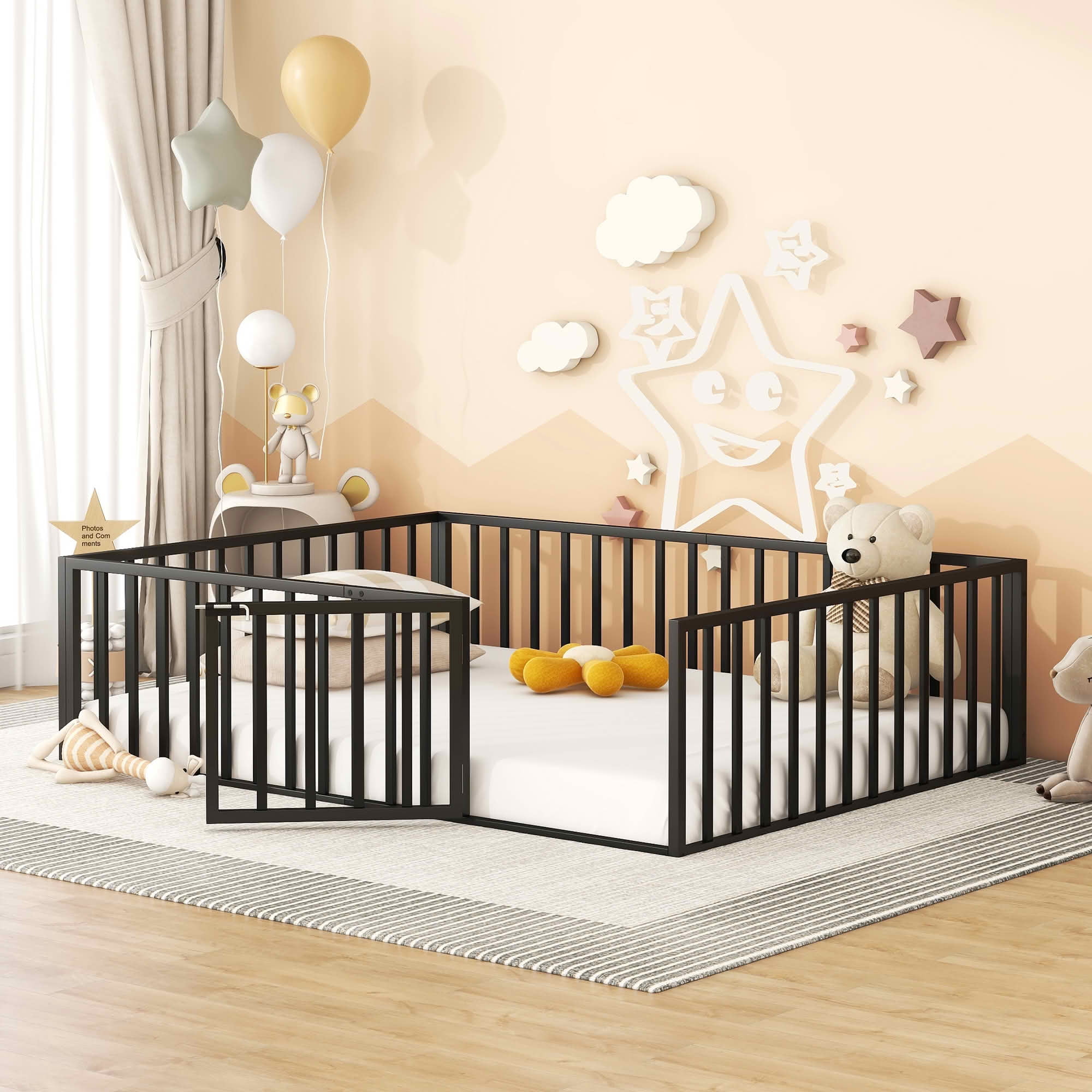 MAYEERTY Metal Floor Bed Frame with Fence and Openable Door Kids Play and Sleep Space