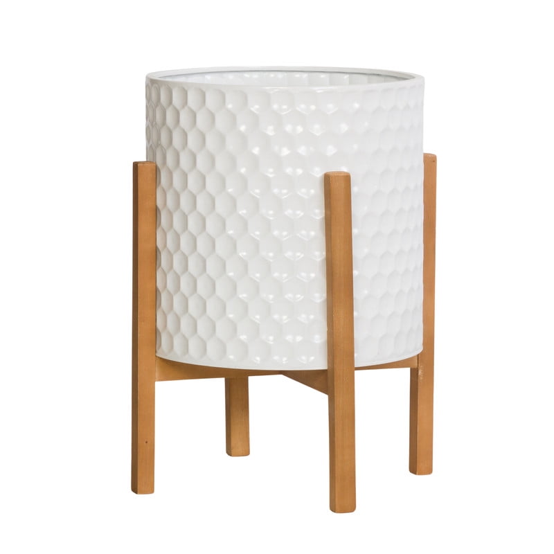Honeycomb Metal Planter Pot With 4-Leg Wood Base - White - 18.25"H x 14"W