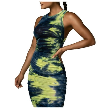 

Follure Dresses for ladies Women s Fashion New Gorgeous Slim Sexy Sleeveless Vest O-Neck Tie-Dye Dress Top Yellow XL