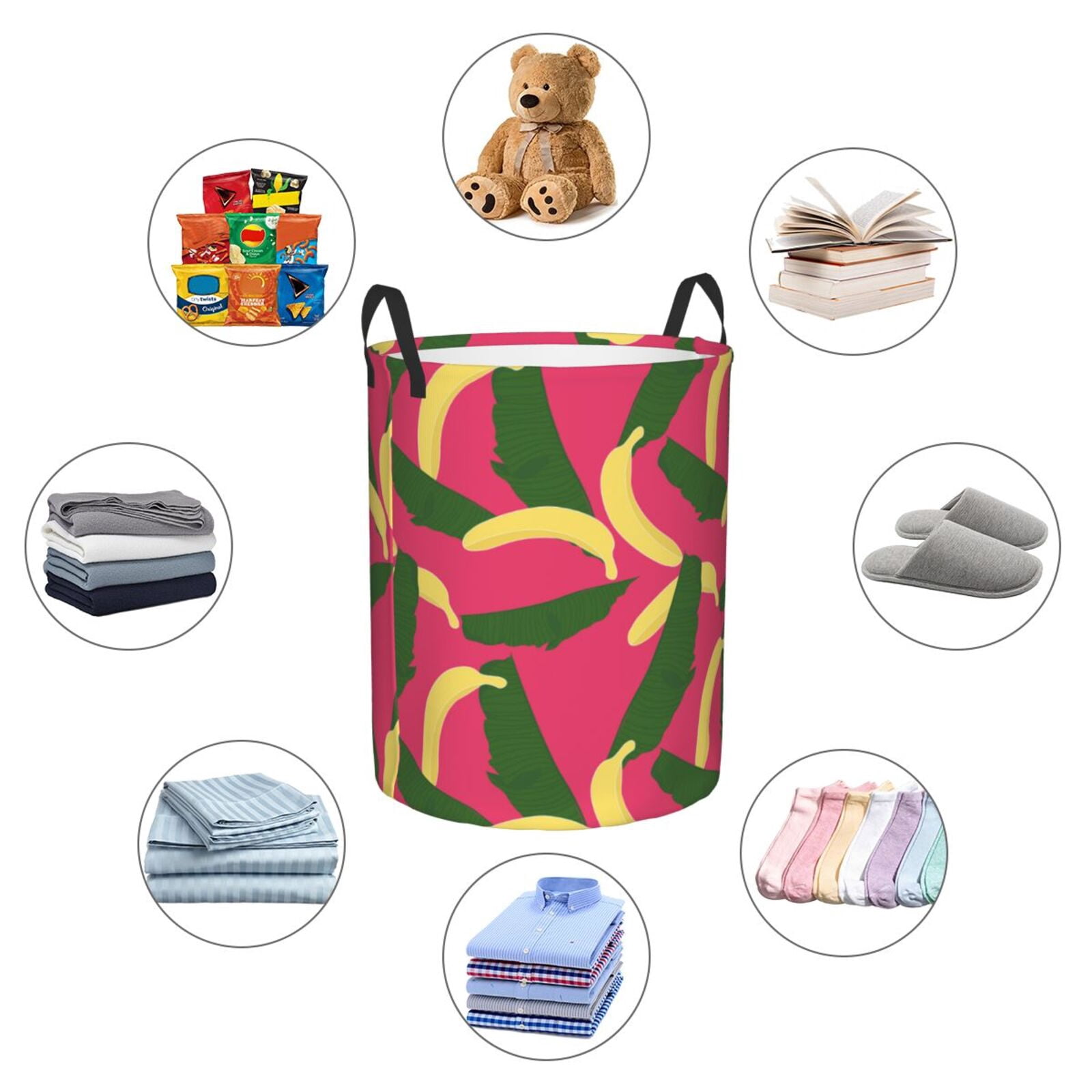 Large Laundry Basket with Handles - Cute Banana Red Green Leaves Kids Baby Dirty Clothes Laundry Hamper for Bedroom Aesthetic