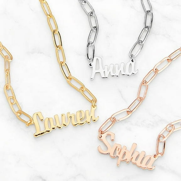 Personalized Planet Petite Script Name Paperclip Chain Necklace ,Women's