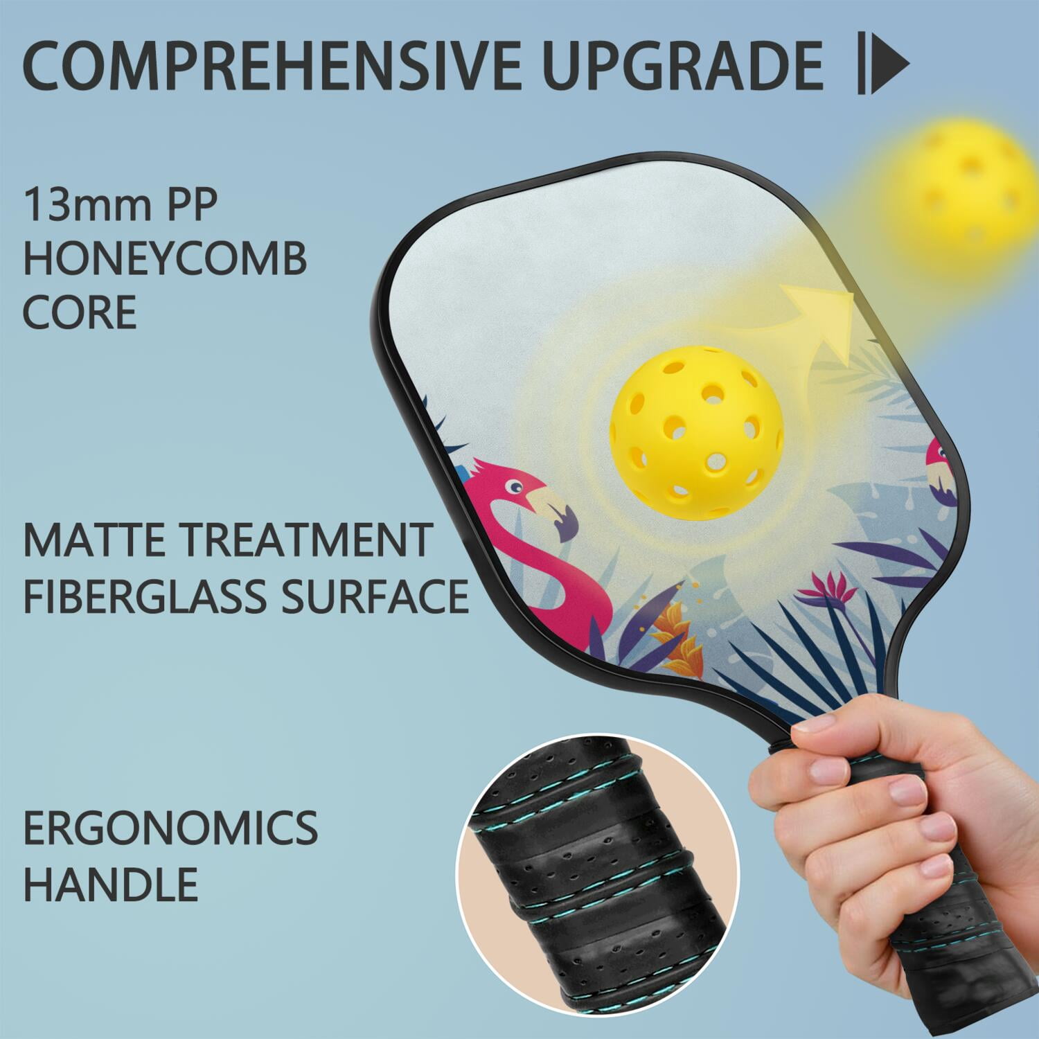 Pickleball Paddles Set Of 2, Fiberglass Surface, Tropical Jungle Print, 4 Balls & Bag