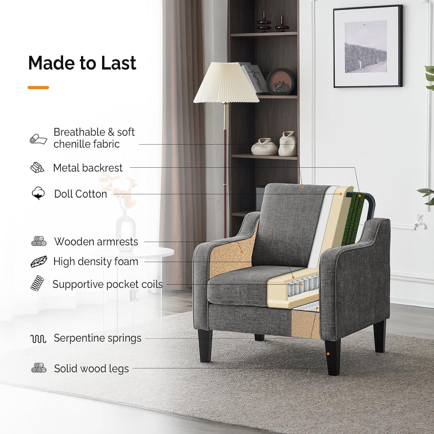 Matladin Chenille Fabric Accent Chair with Scooped Arms, Mid Century Modern Upholstered Armchair, Single Sofa for Living Room, Apartment, Office